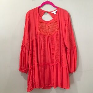 Adiva Tunic Top Women's Size M Orange Eyelet Lace Chest Open Back Long Sleeves